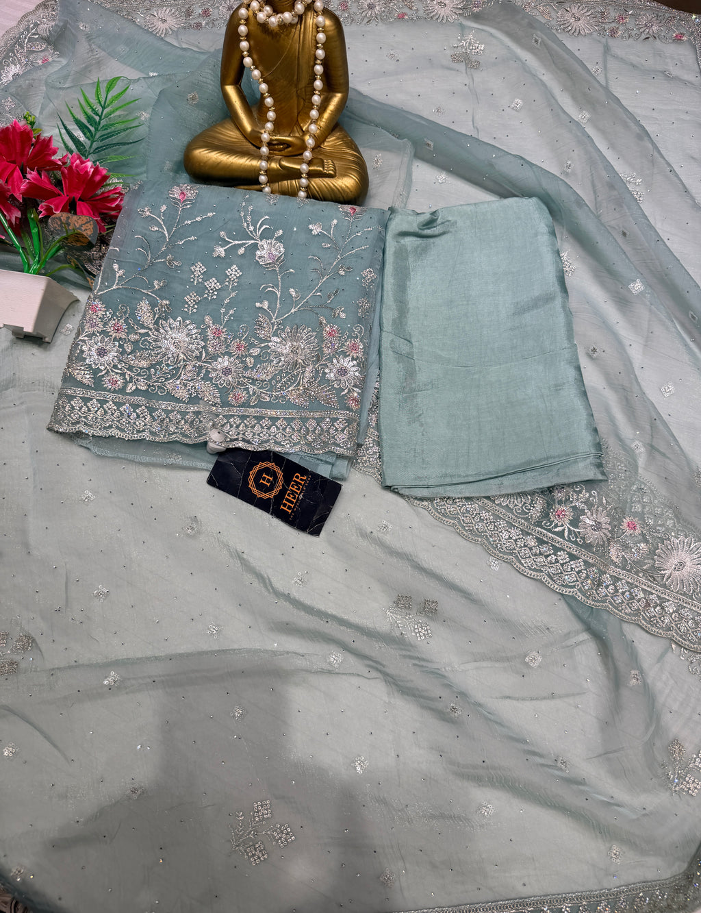 Ice Blue Floral Luxe Suit Set Q562226