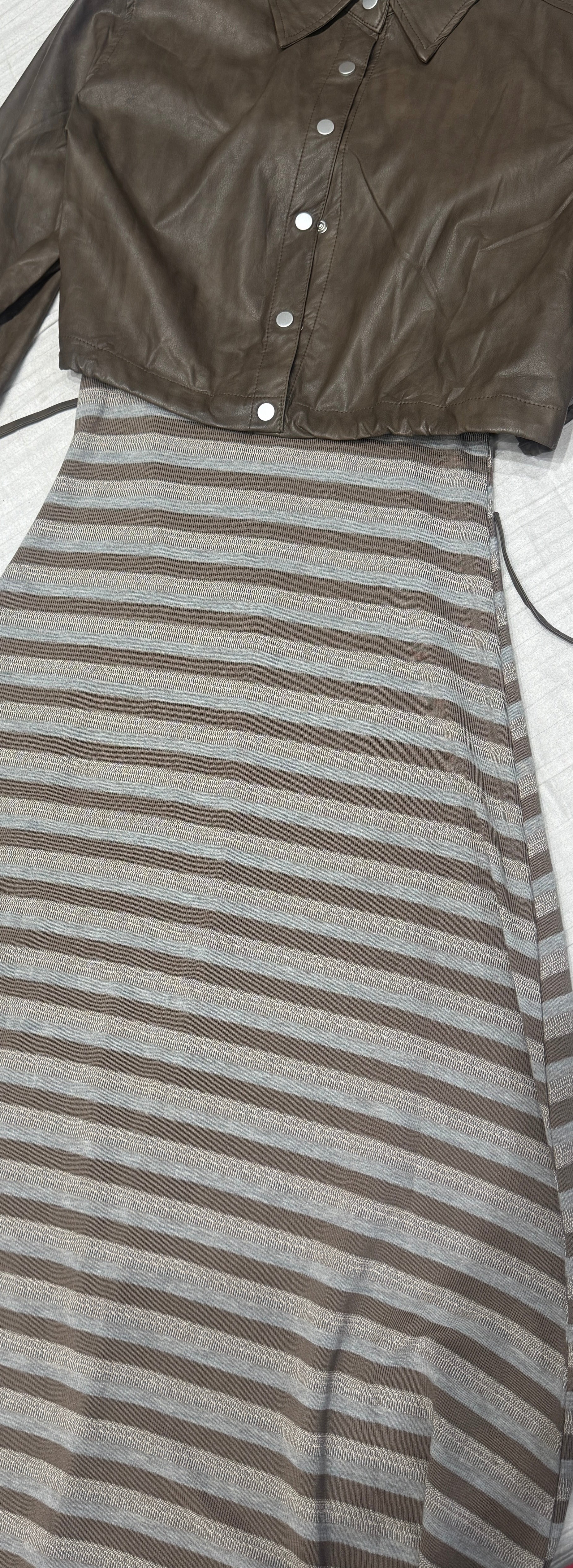 Q562169 Mocha Stripe Midi Dress with Faux Leather Crop Jacket