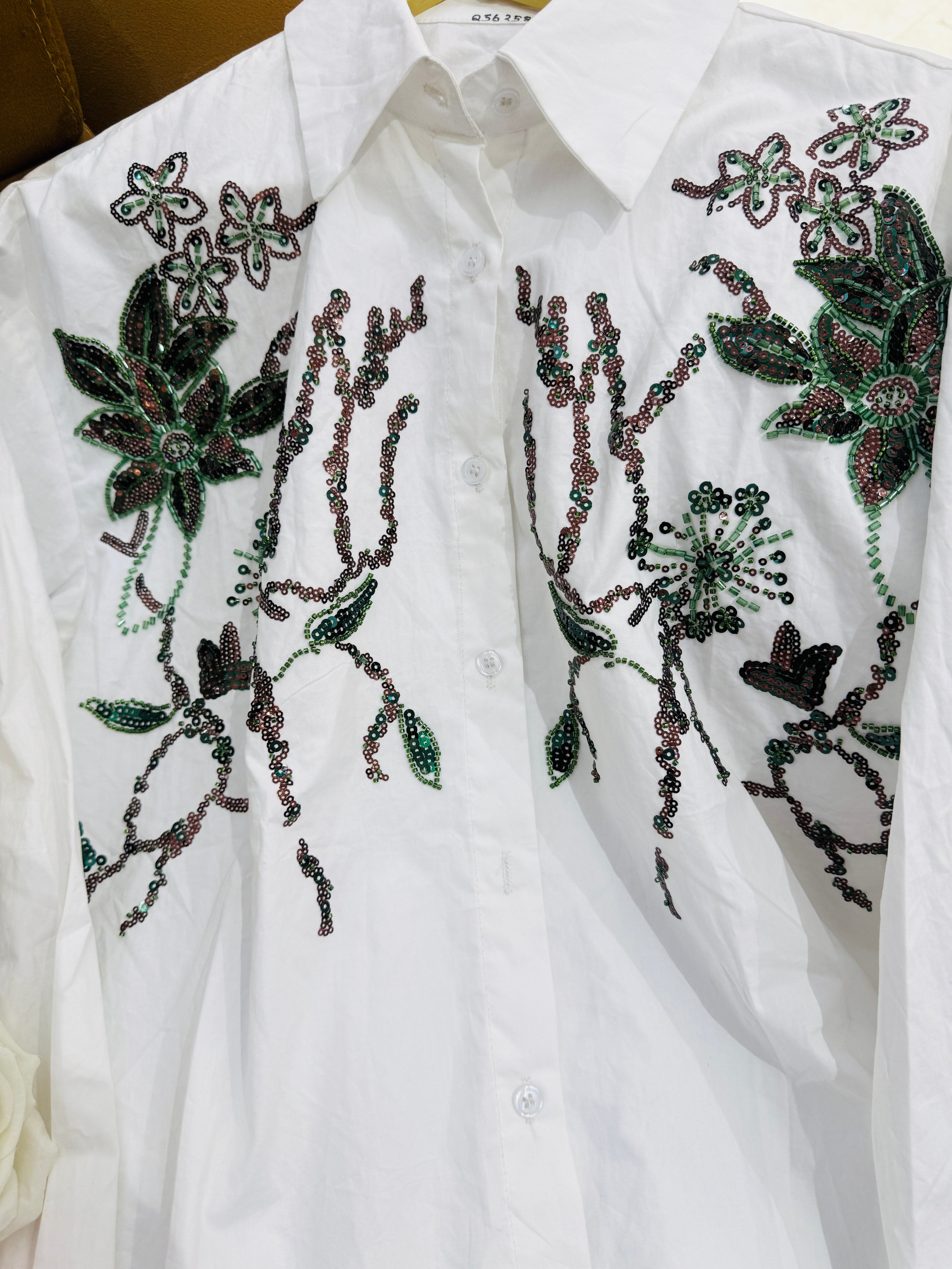 Midnight Bloom Embellished White Cotton Shirt Q562584