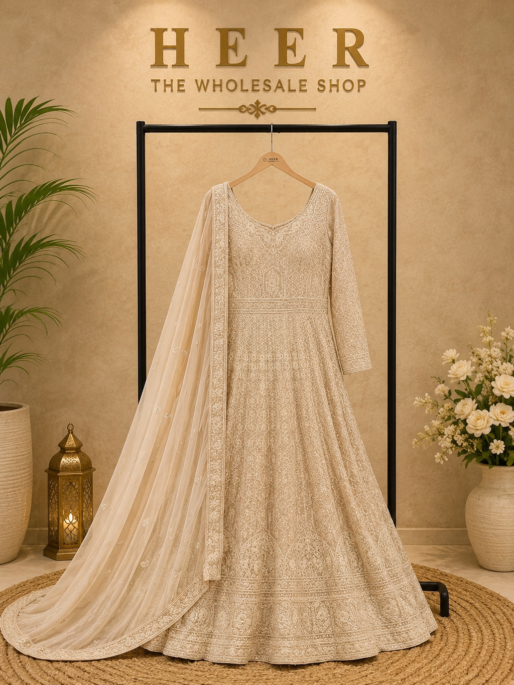 Ivory Cream Embroidered Georgette Anarkali Gown with Matching Dupatta q562448