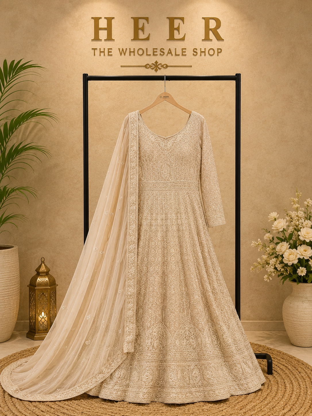 Ivory Cream Embroidered Georgette Anarkali Gown with Matching Dupatta q562448