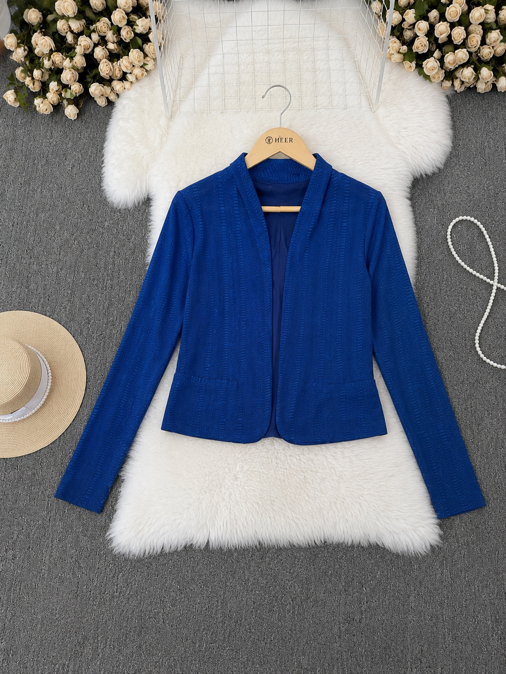 Q562754 Royal Blue Textured Shrug Jacket