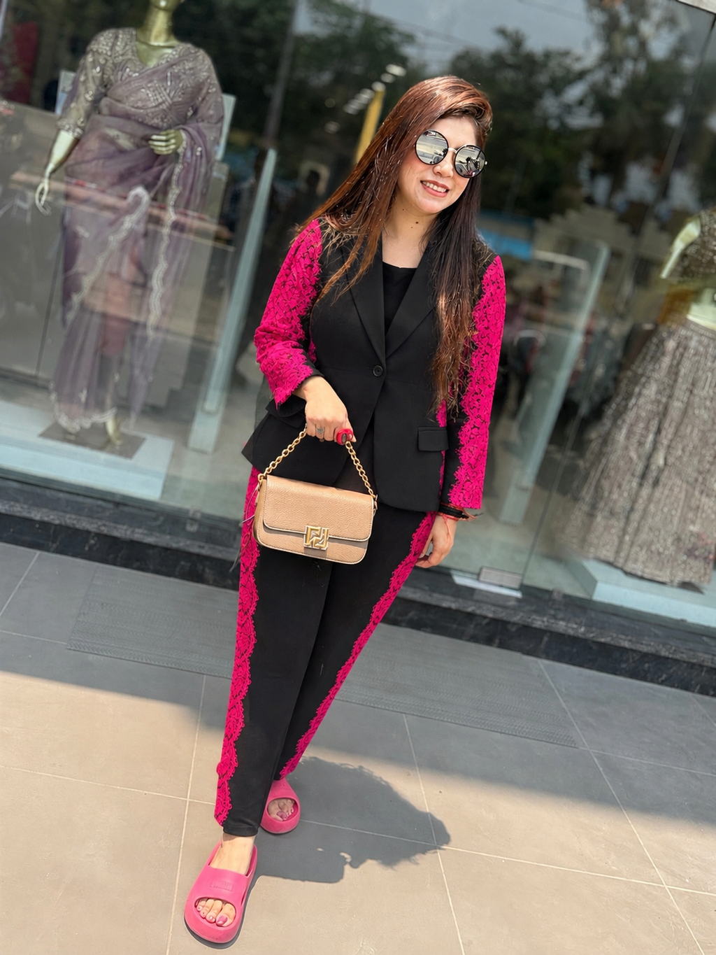 Q56721 Black Designer Co-ord Set with Pink Floral Lace Detailing