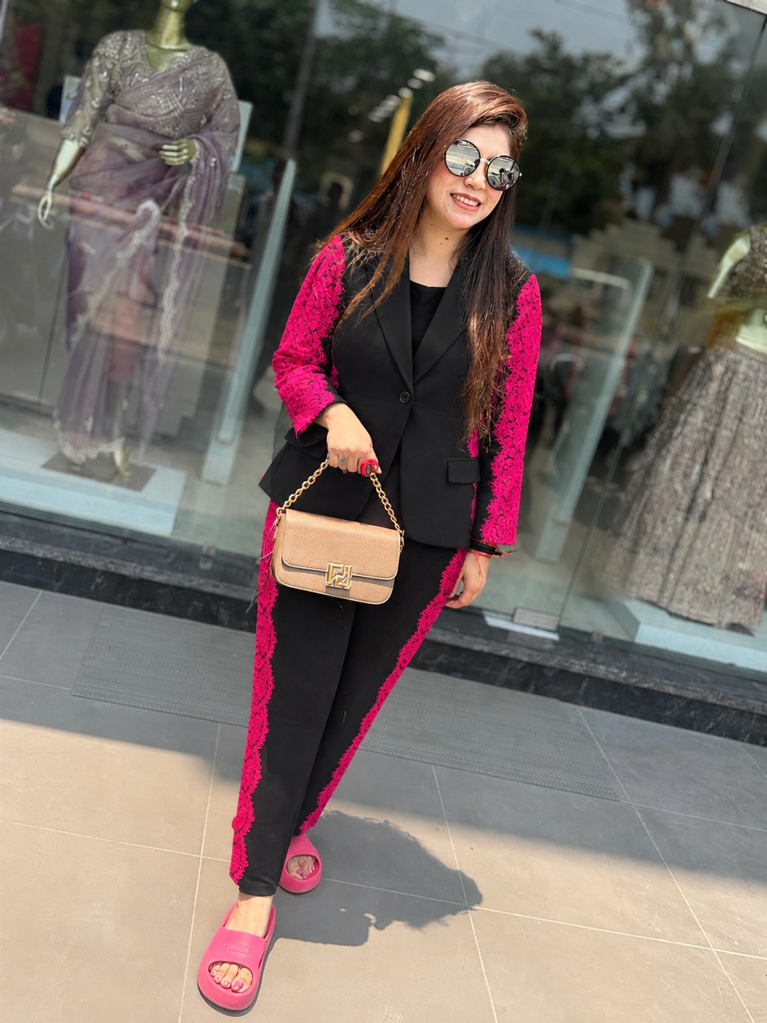 Q56721 Black Designer Co-ord Set with Pink Floral Lace Detailing