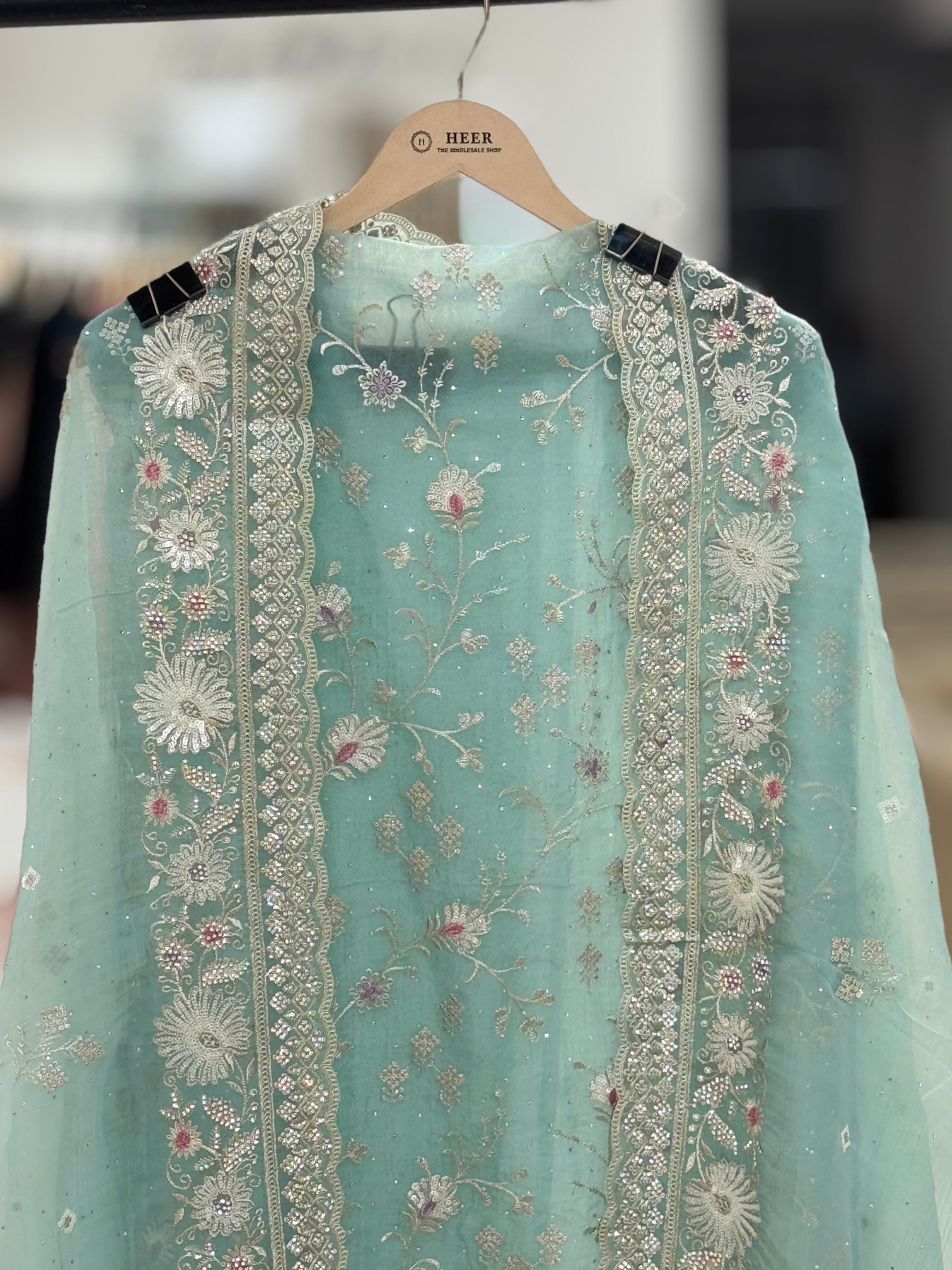 Ice Blue Floral Luxe Suit Set Q562226