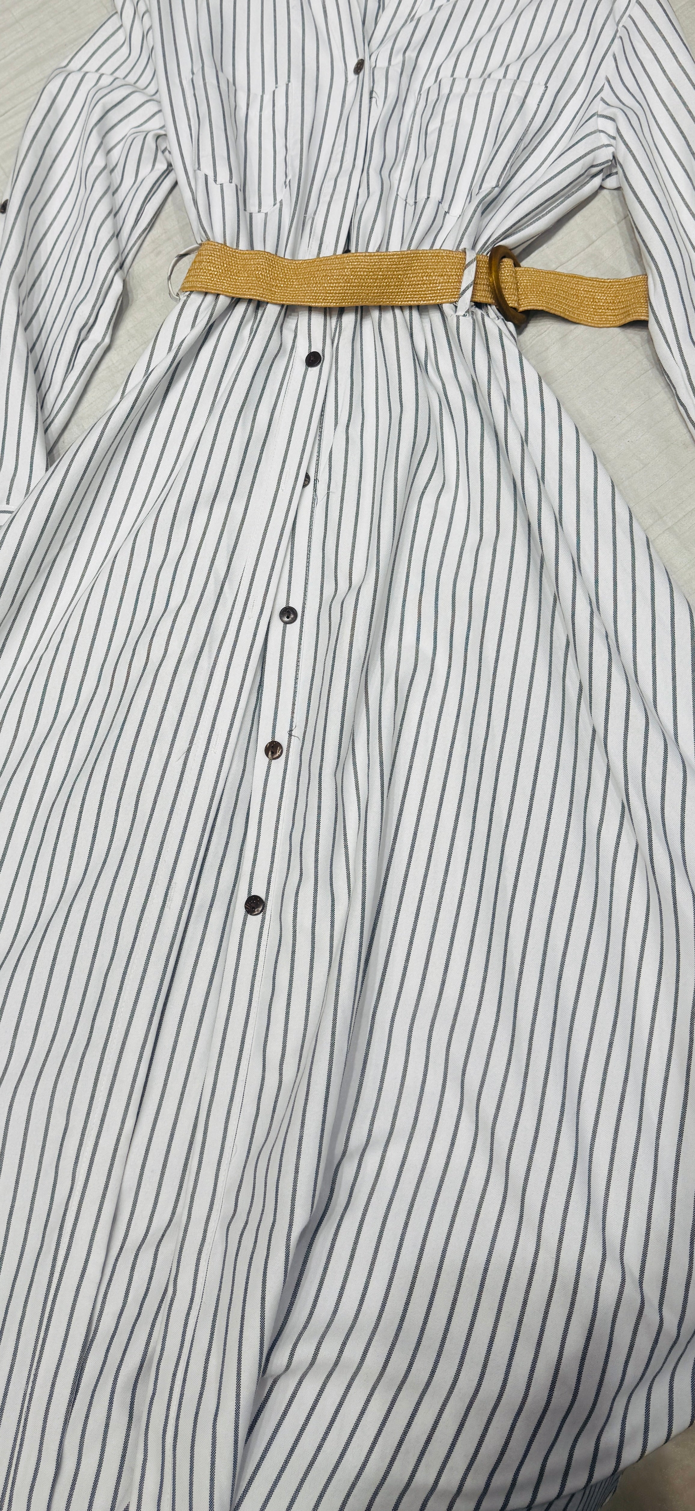 Q562306 Classic White Striped Shirt Maxi Dress with Belt