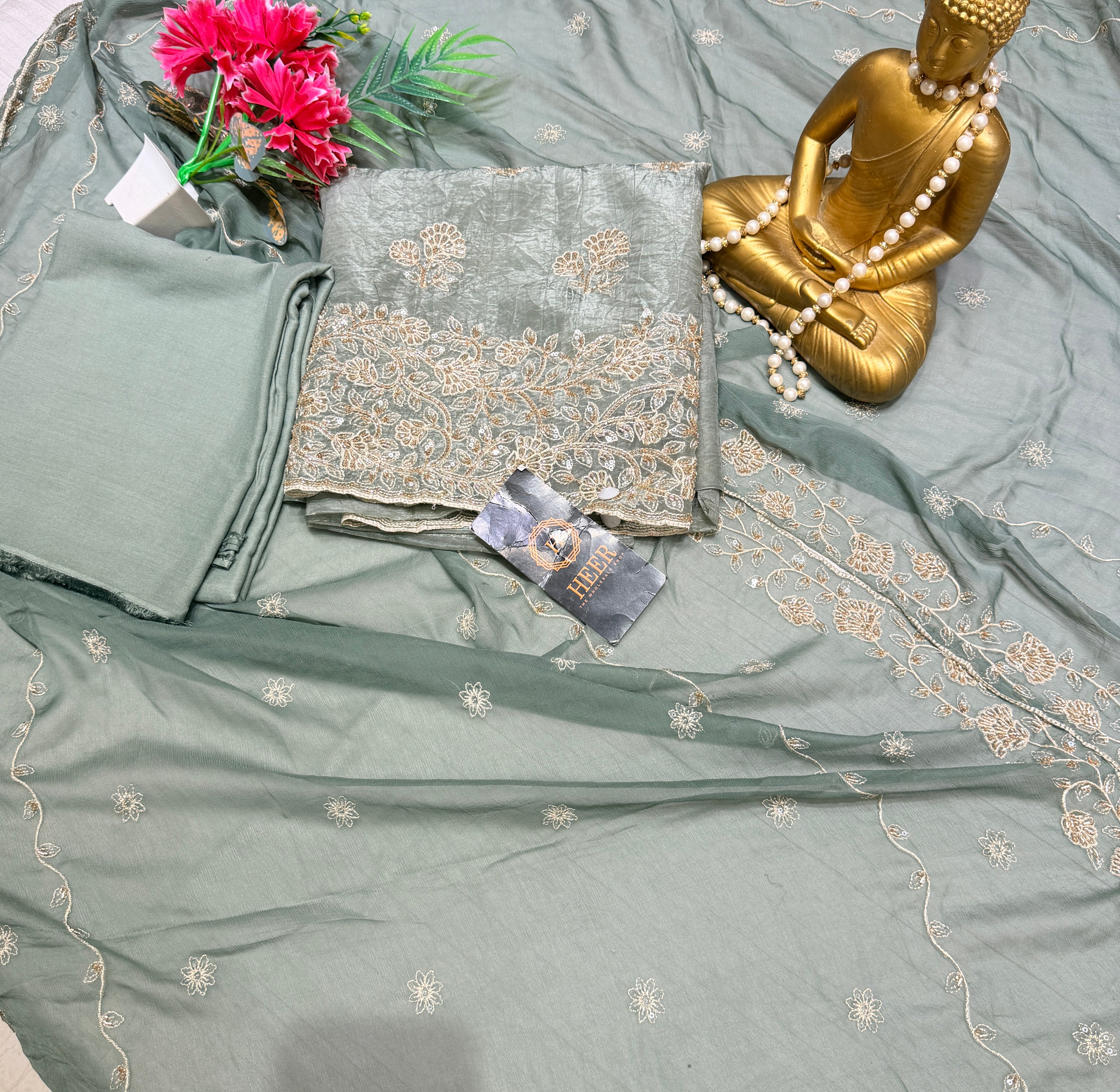 Sage Mist Embroidered Festive Suit Set Q562224