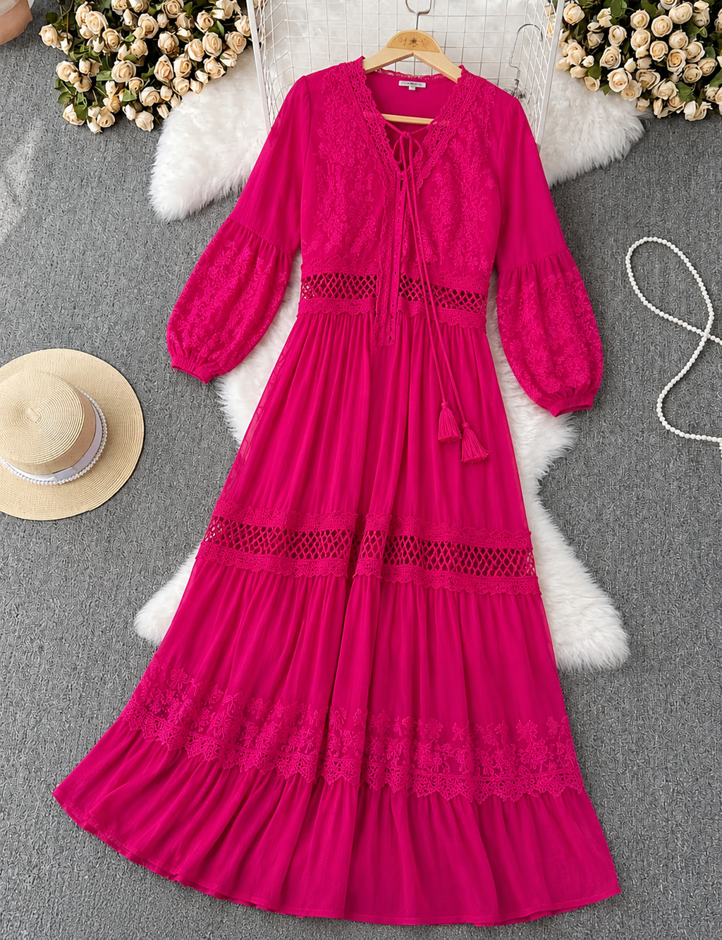 Q561448 Fuchsia Lace Detailed Boho Maxi Dress