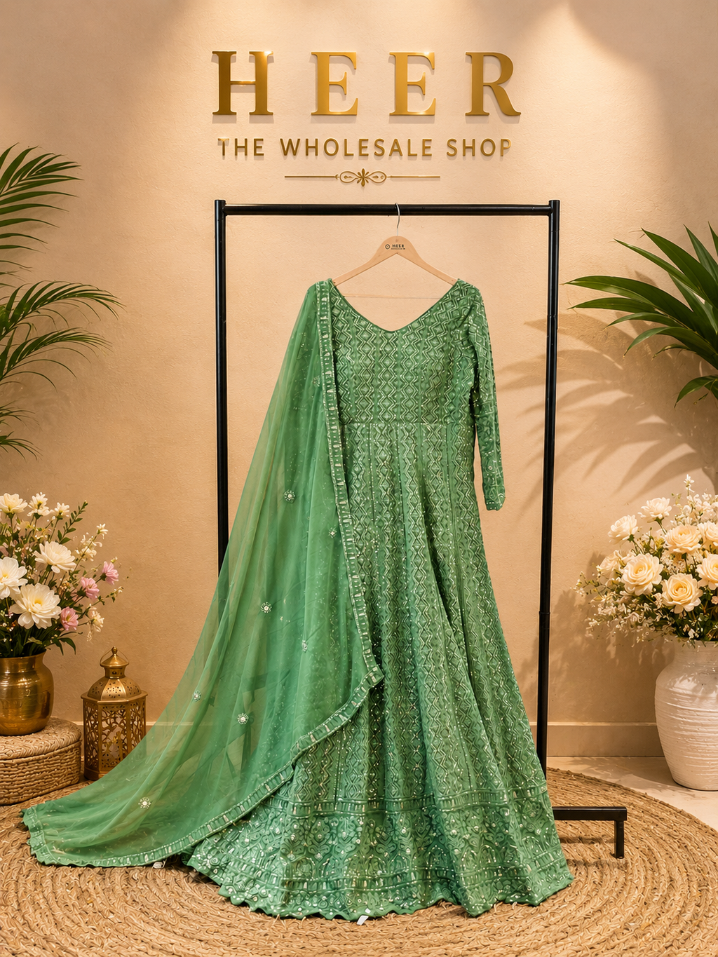 Sage Green Chikankari & Sequin Embroidered Anarkali Gown Set q562445