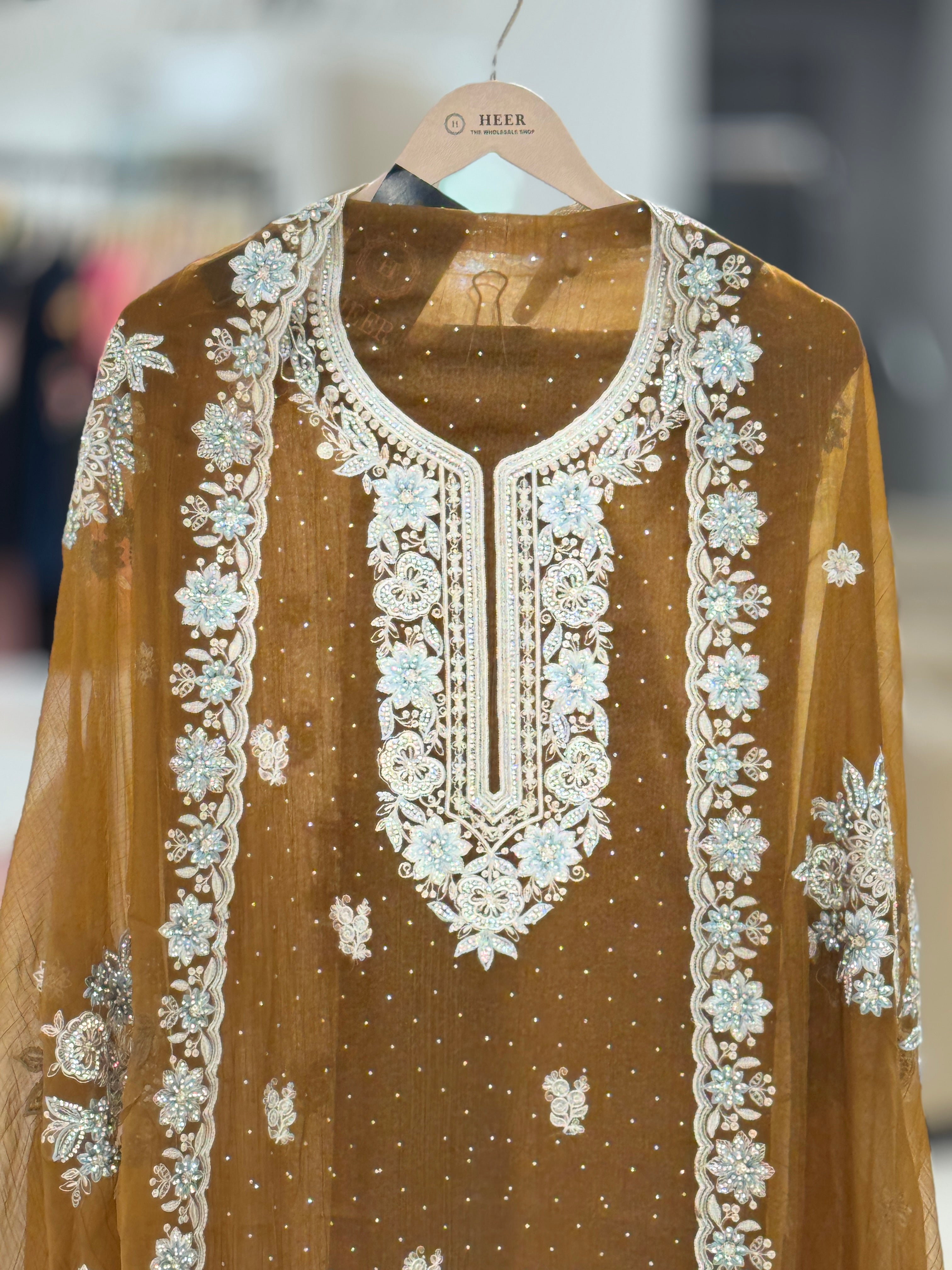 Mocha Luxe Heavy Embroidered Pakistani Suit Set Q562230