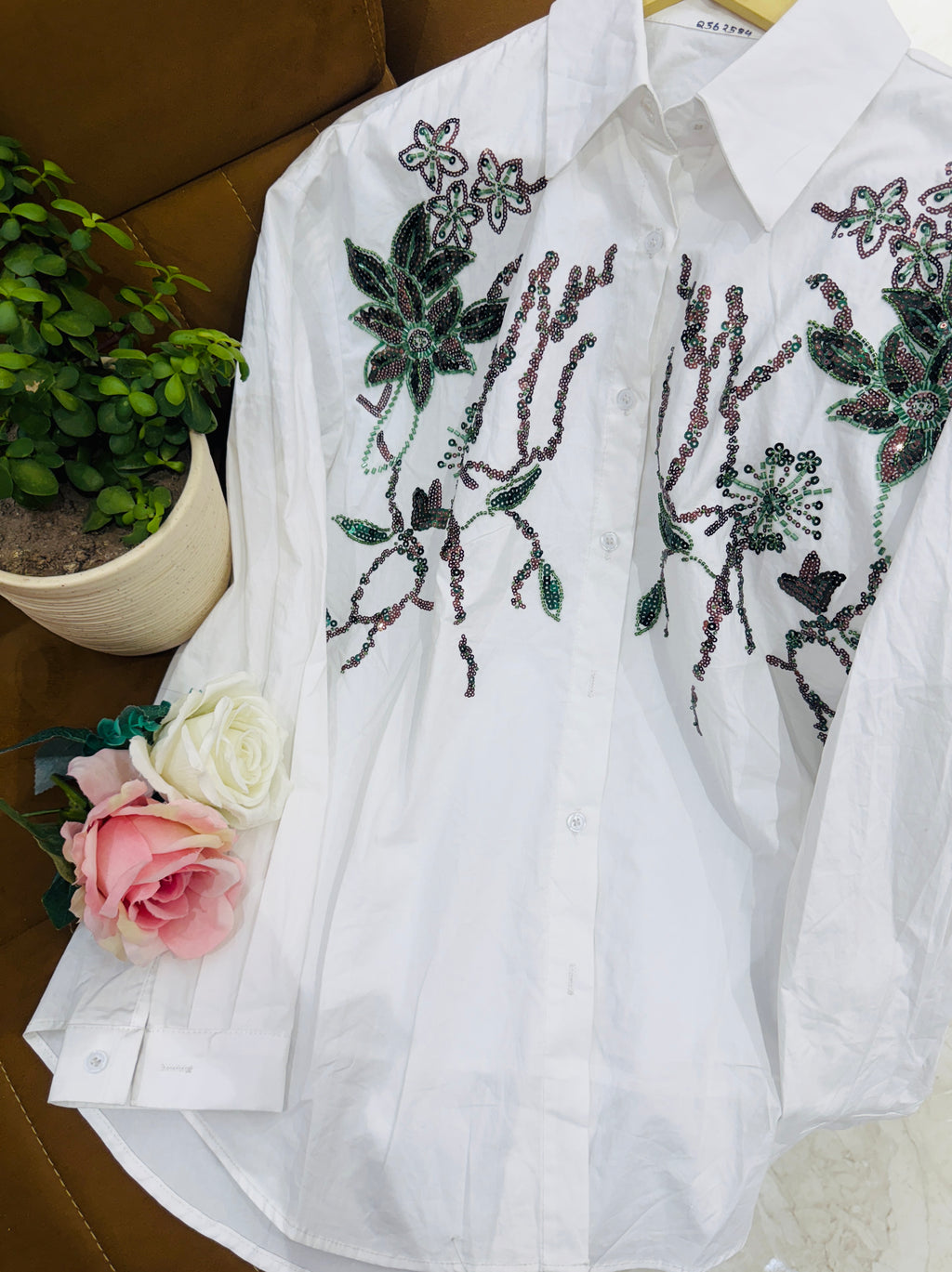 Midnight Bloom Embellished White Cotton Shirt Q562584