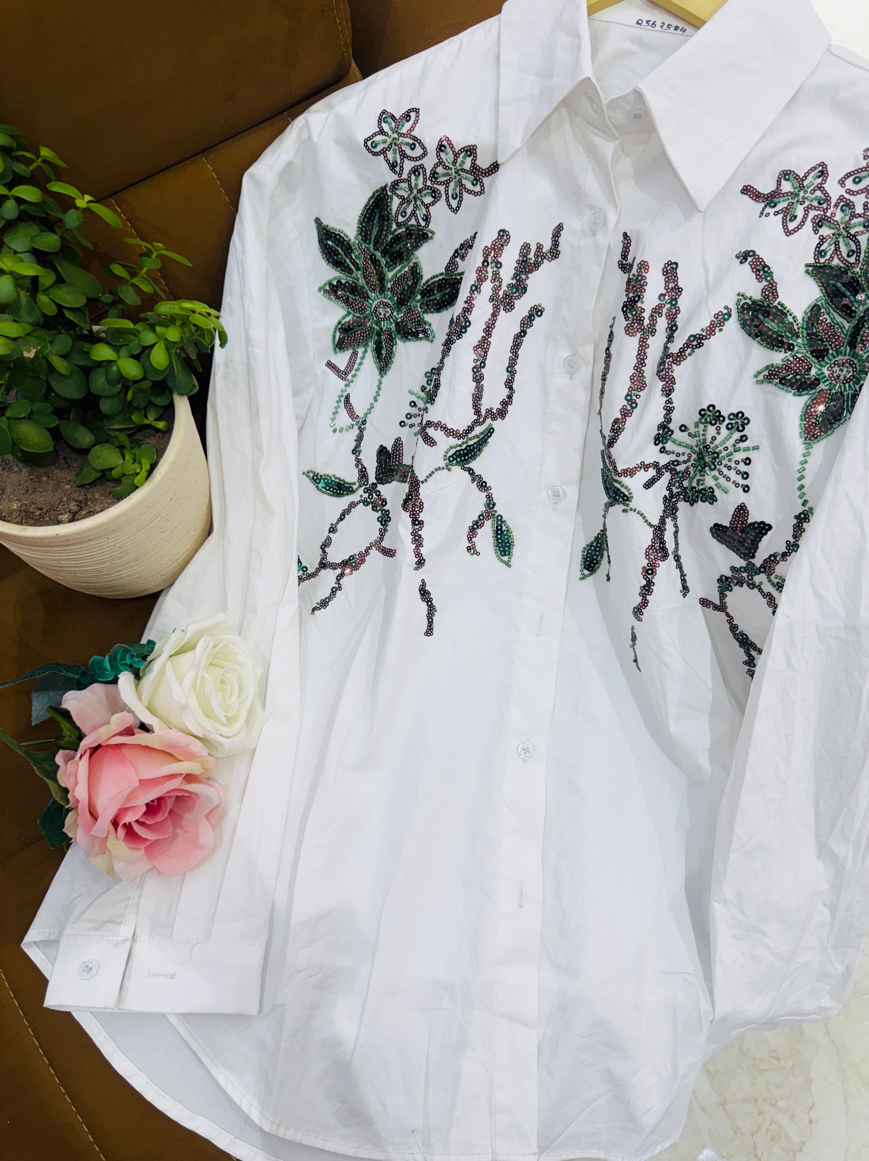 Midnight Bloom Embellished White Cotton Shirt Q562584
