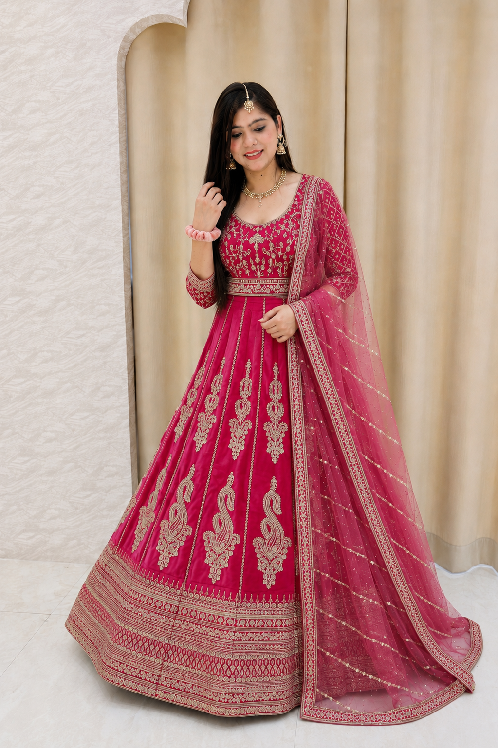 Vibrant Rani Pink Paisley Embroidered Silk Lehenga Choli Set q562144