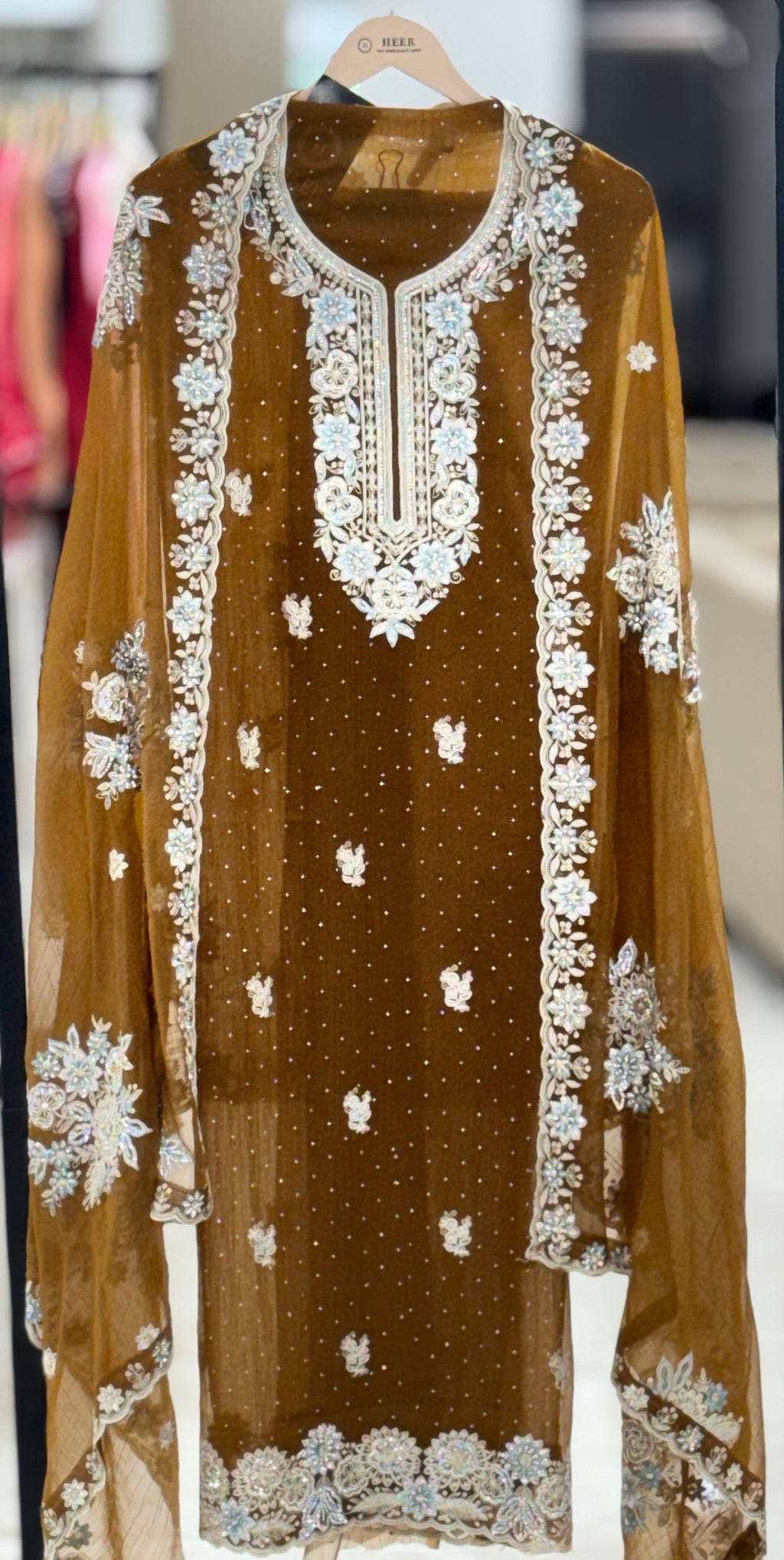 Mocha Luxe Heavy Embroidered Pakistani Suit Set Q562230