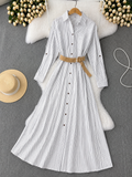 Q562306 Classic White Striped Shirt Maxi Dress with Belt