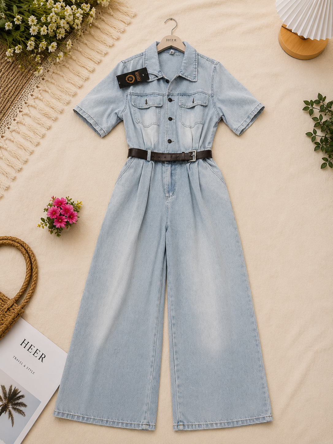 Chic Light Wash Denim Utility Jumpsuit with Wide-Leg Silhouette q561449