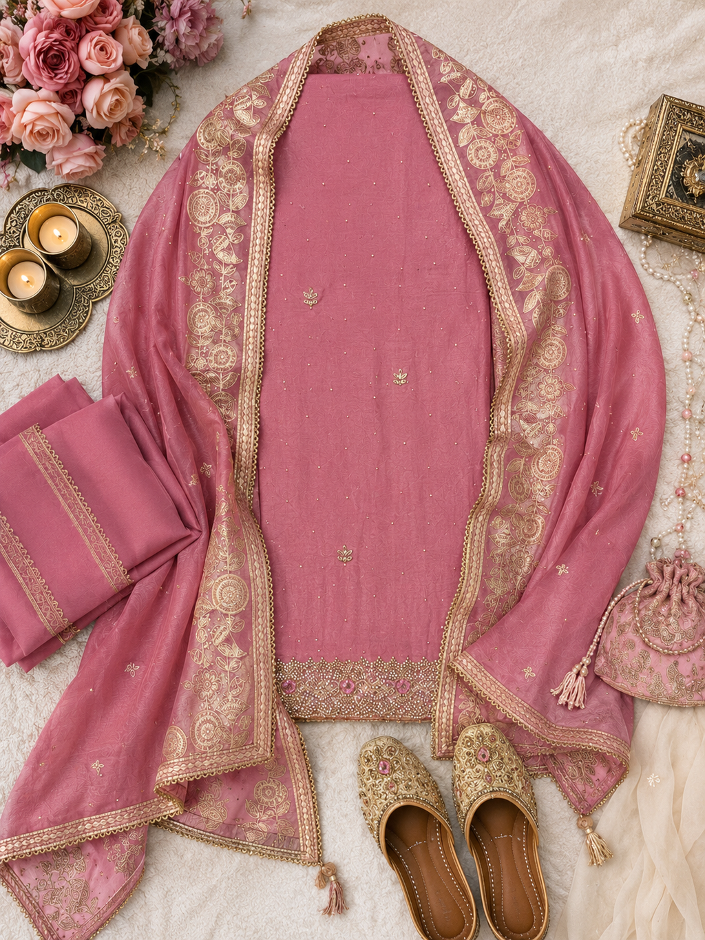 Elegant Dusty Pink Embroidered Unstitched Suit Set with Designer Dupatta q561943