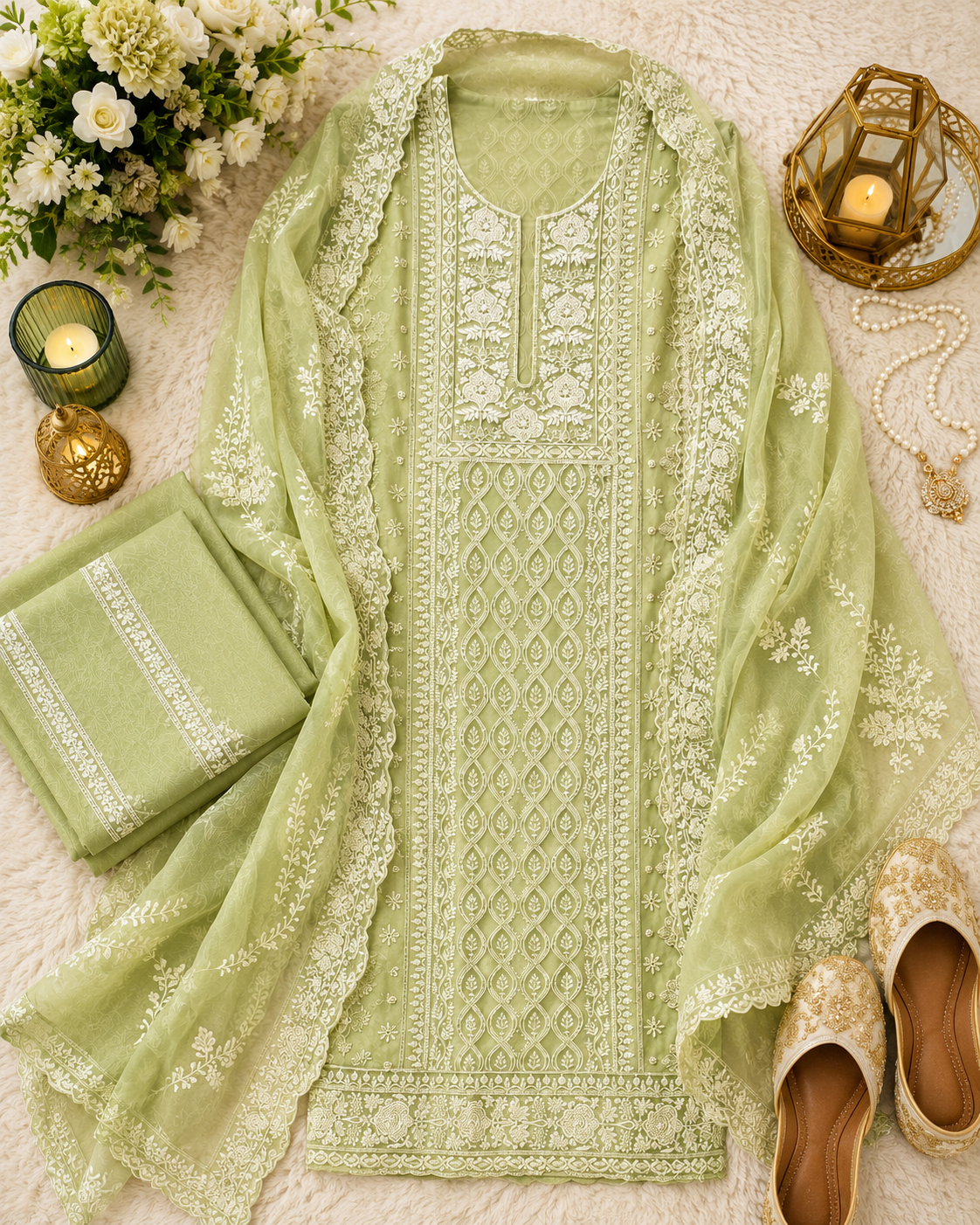 Premium Pastel Green Embroidered Unstitched Suit Set with Designer Dupatta q562894