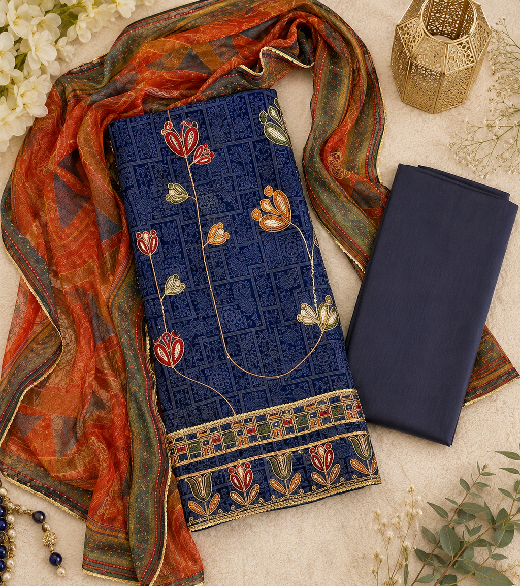 Royal Blue Floral Embroidered Unstitched Suit q561983