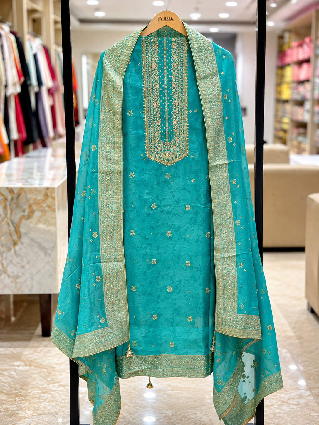 Turquoise Gold Elegance Embroidered Unstitched Suit q561583