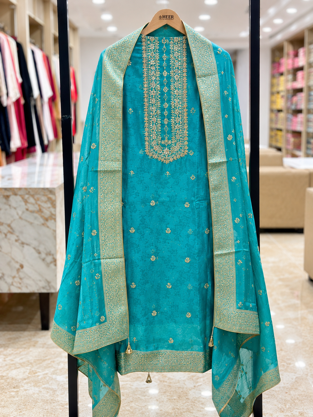 Turquoise Gold Elegance Embroidered Unstitched Suit q561583
