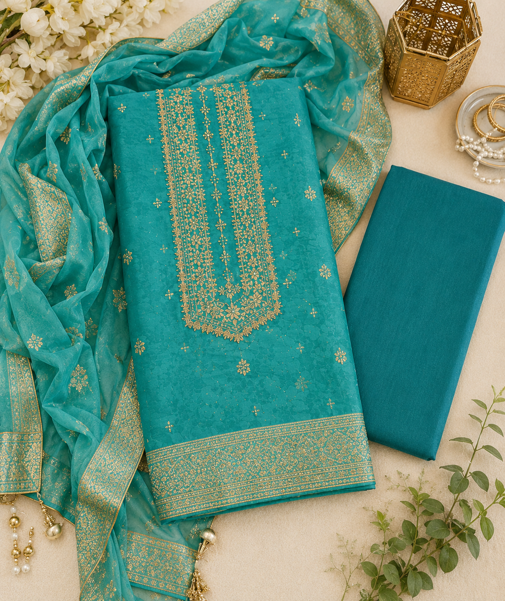 Turquoise Gold Elegance Embroidered Unstitched Suit q561583