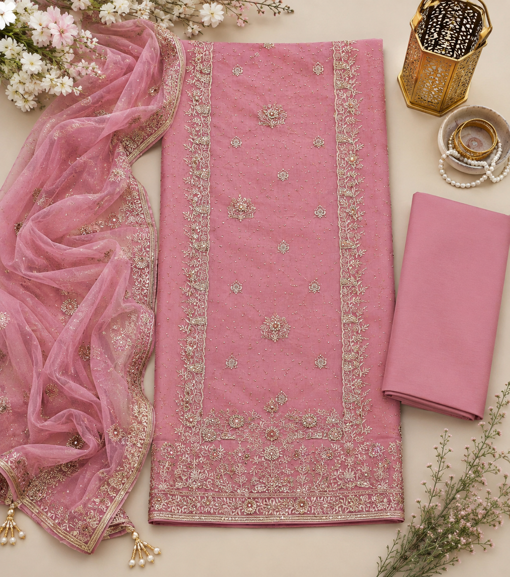 Blush Pink Embroidered Organza Unstitched Suit with Designer Dupatta q562229