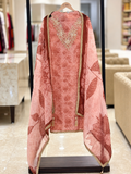 Premium Dusty Rose Pink Printed Unstitched Suit with Embroidered Neckline q561941