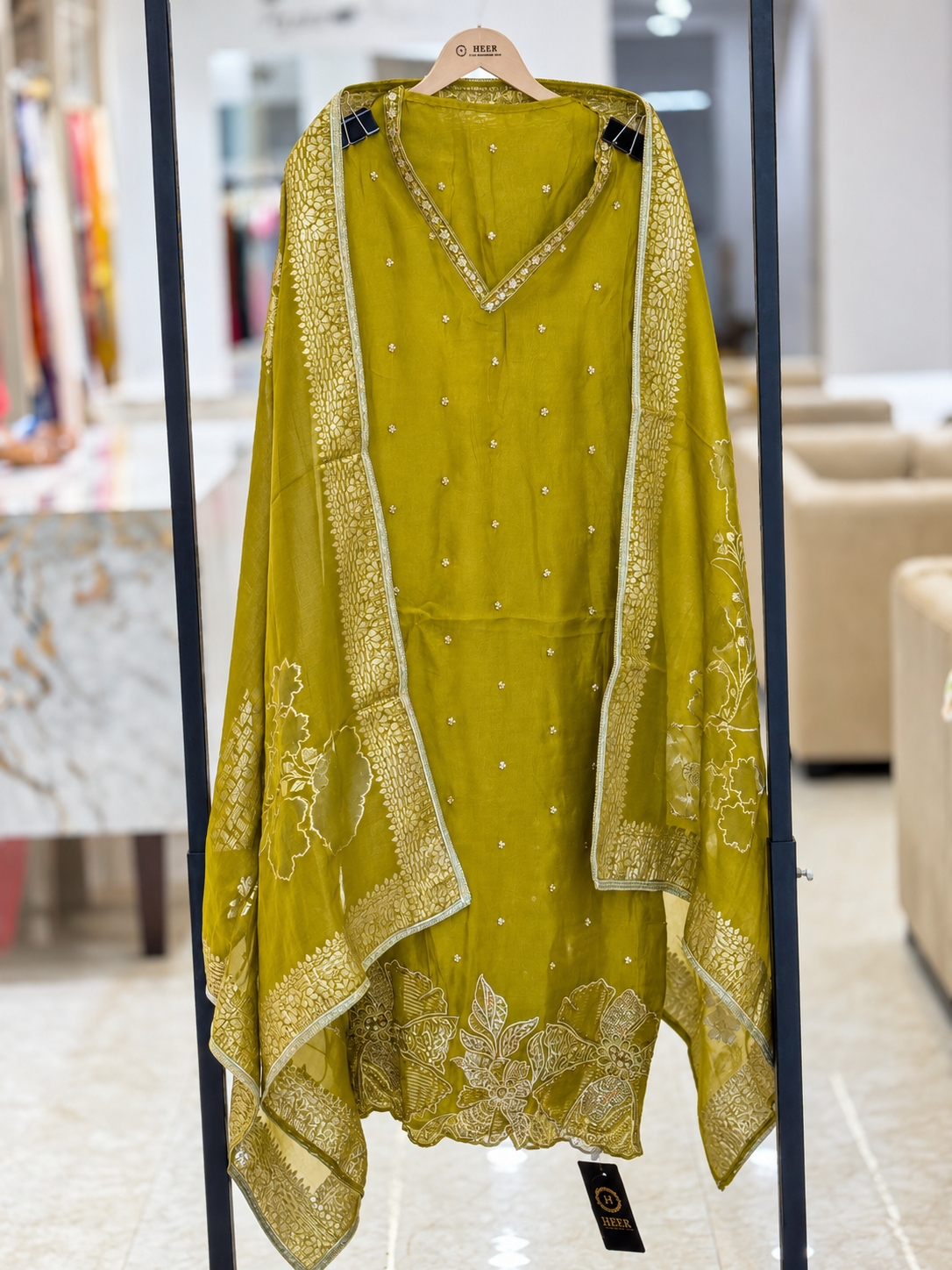 Elegant Olive Green Embroidered Unstitched Suit Set with Designer Dupatta q562348