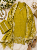 Elegant Olive Green Embroidered Unstitched Suit Set with Designer Dupatta q562348