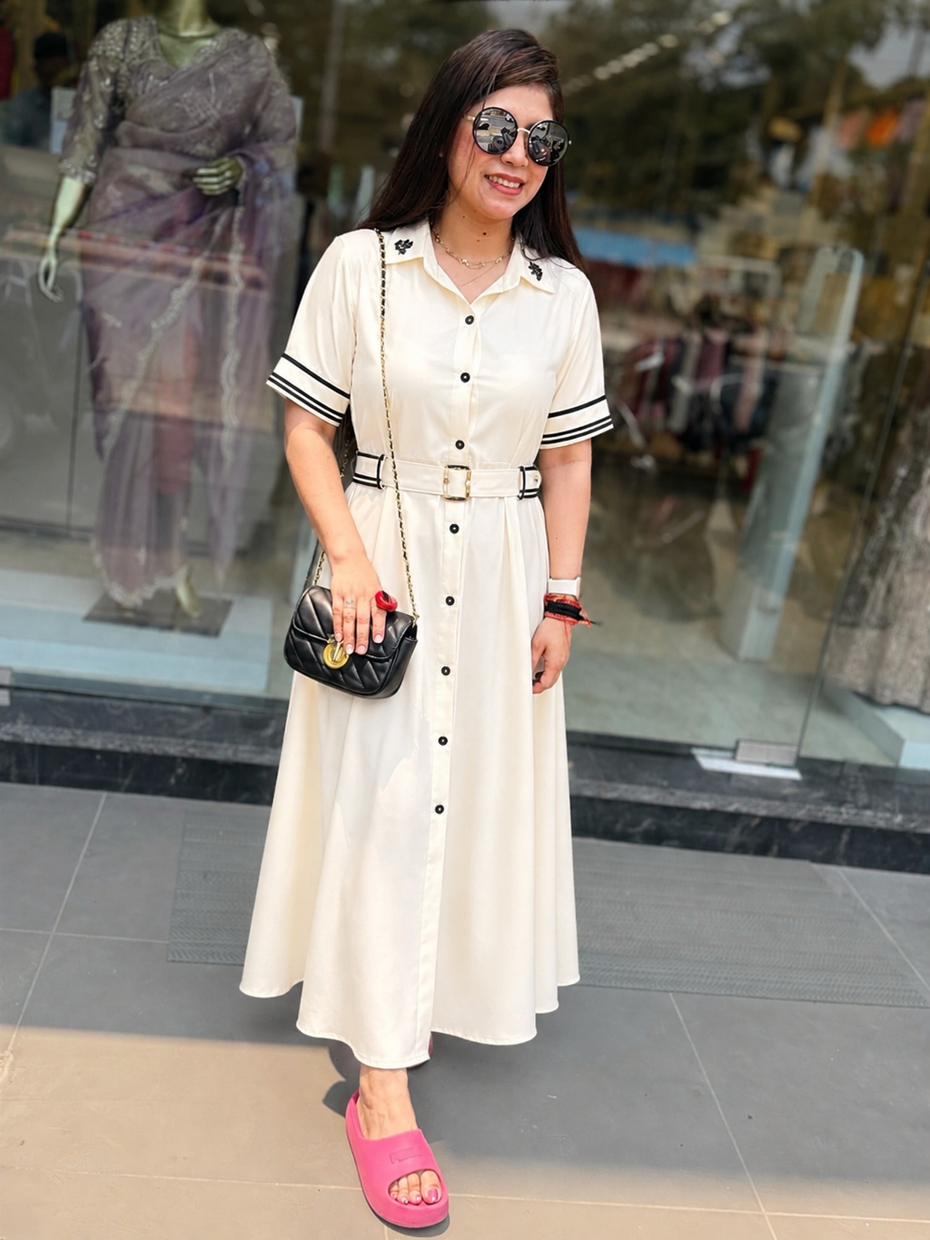 Q562304 Elegant Ivory Belted Midi Dress