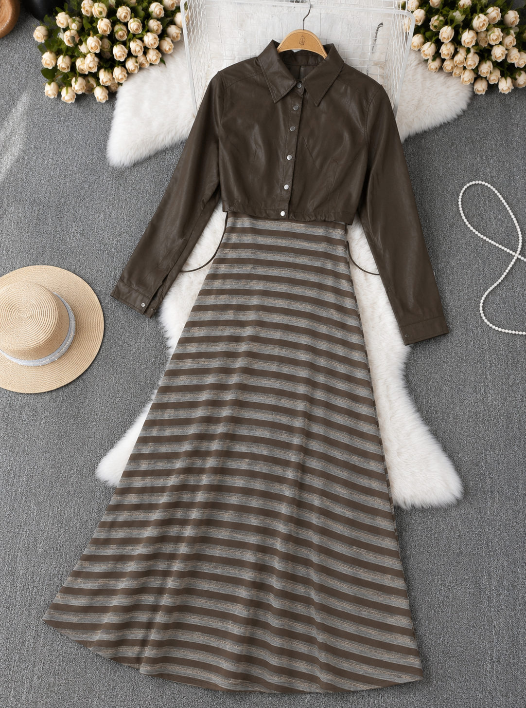 Q562169 Mocha Stripe Midi Dress with Faux Leather Crop Jacket