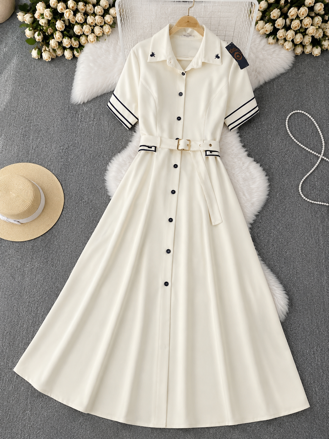 Q562304 Elegant Ivory Belted Midi Dress