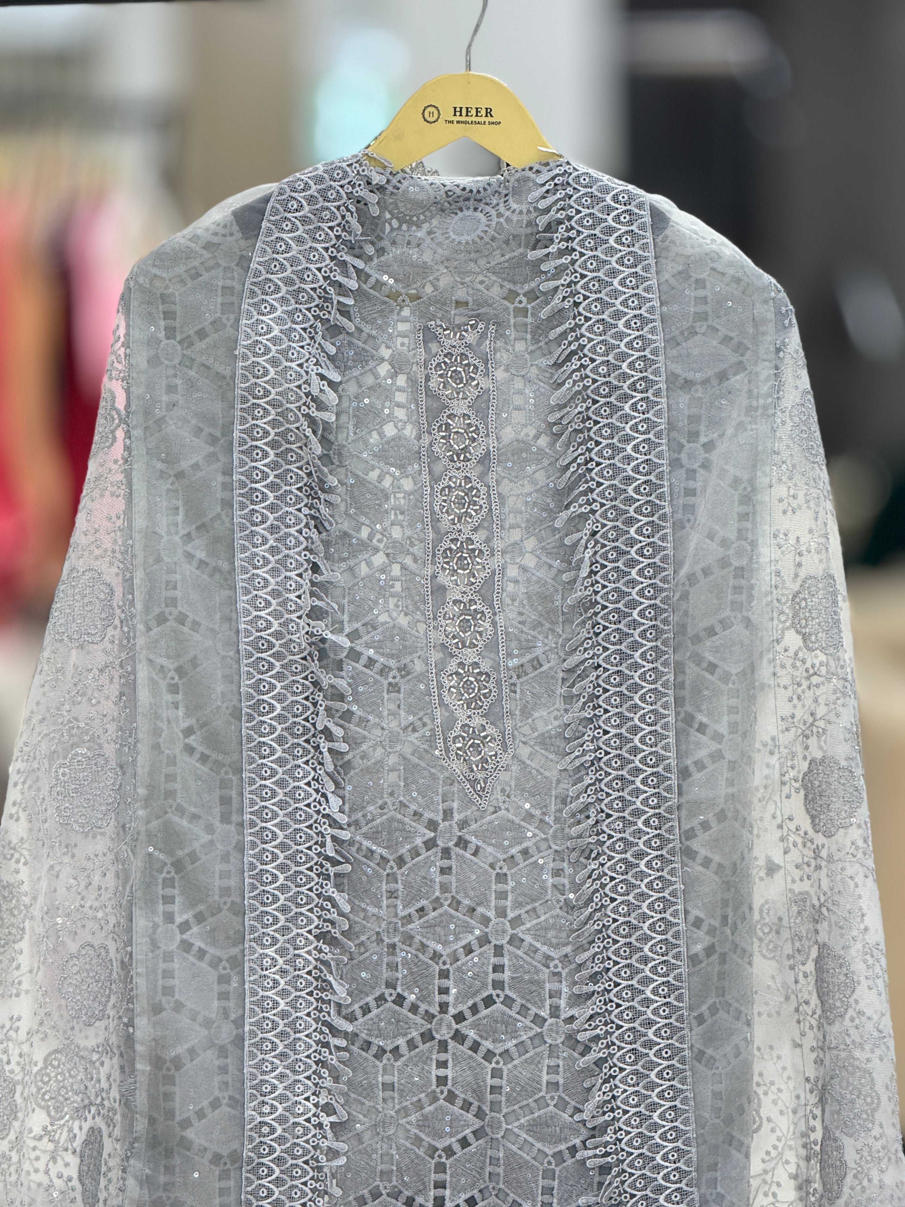 Silver Mist Luxury Embroidered Suit Set Q562504