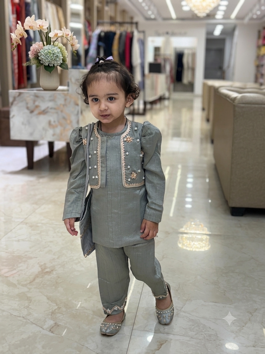 Pearl-Embellished Grey Kurta Set with Potli Bag girl q562959