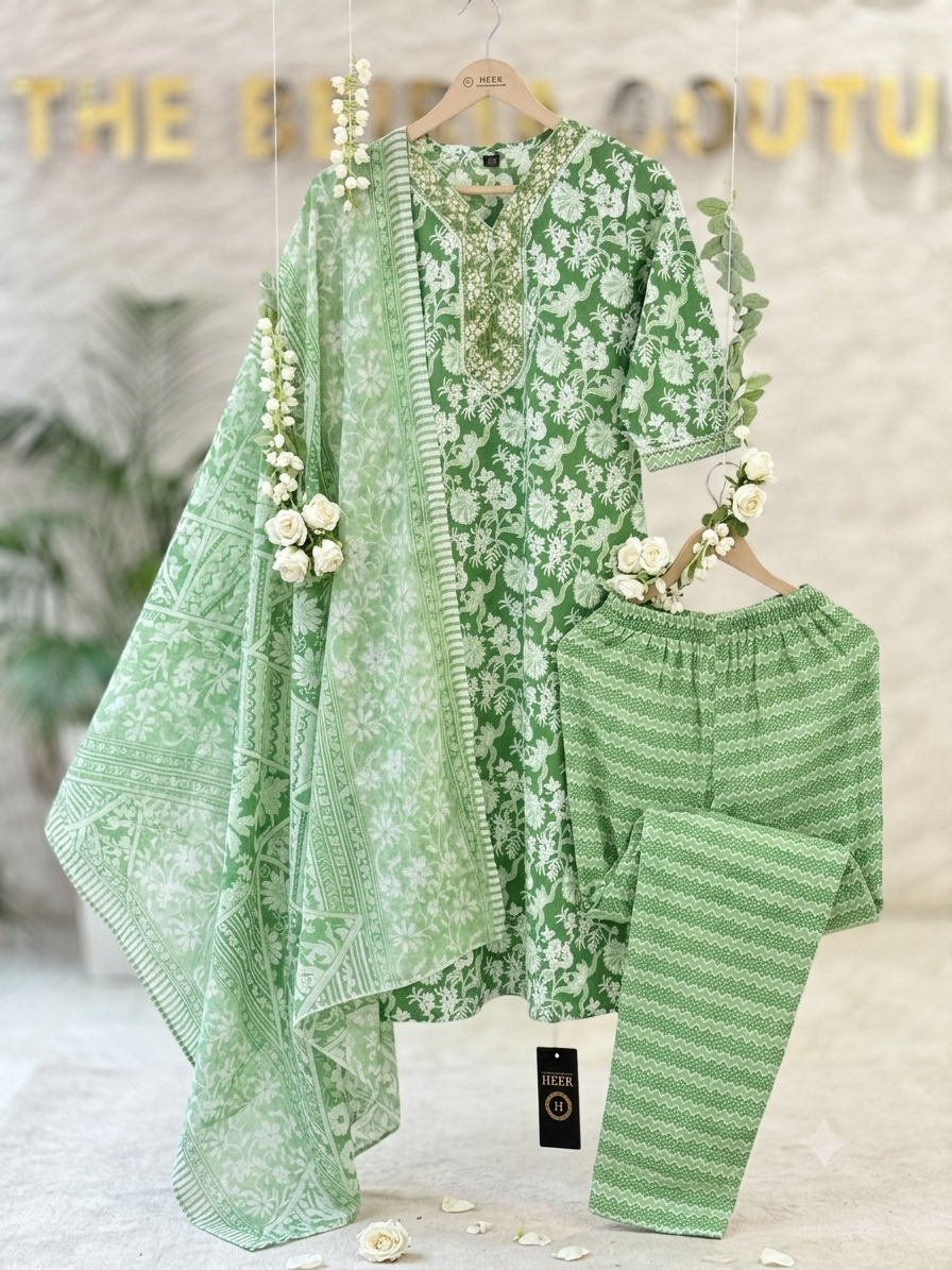 Q562823 Refreshing Green Floral Kurta Set