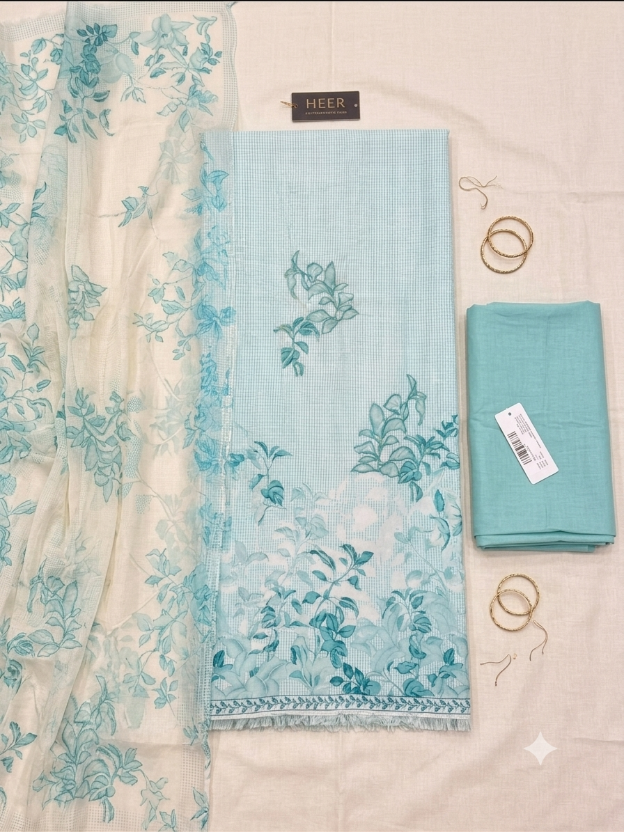Elegant Sky Blue Floral Embroidered Unstitched Cotton Suit Set with Sheer Printed Dupatta  q562919