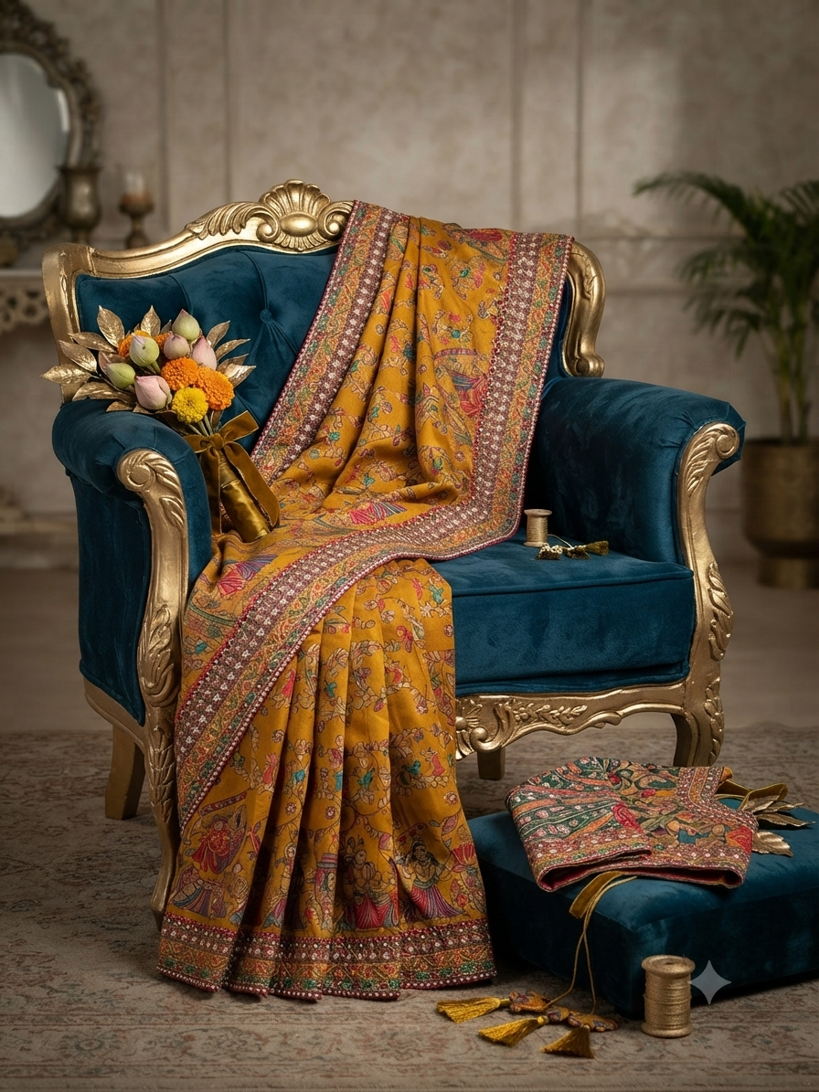 Mustard Yellow Pattachitra Hand-work premium  Silk Saree q562966