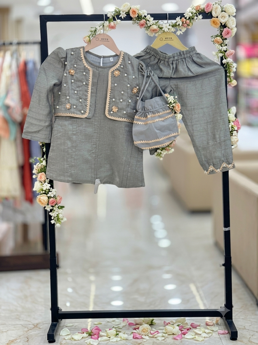Pearl-Embellished Grey Kurta Set with Potli Bag girl q562959