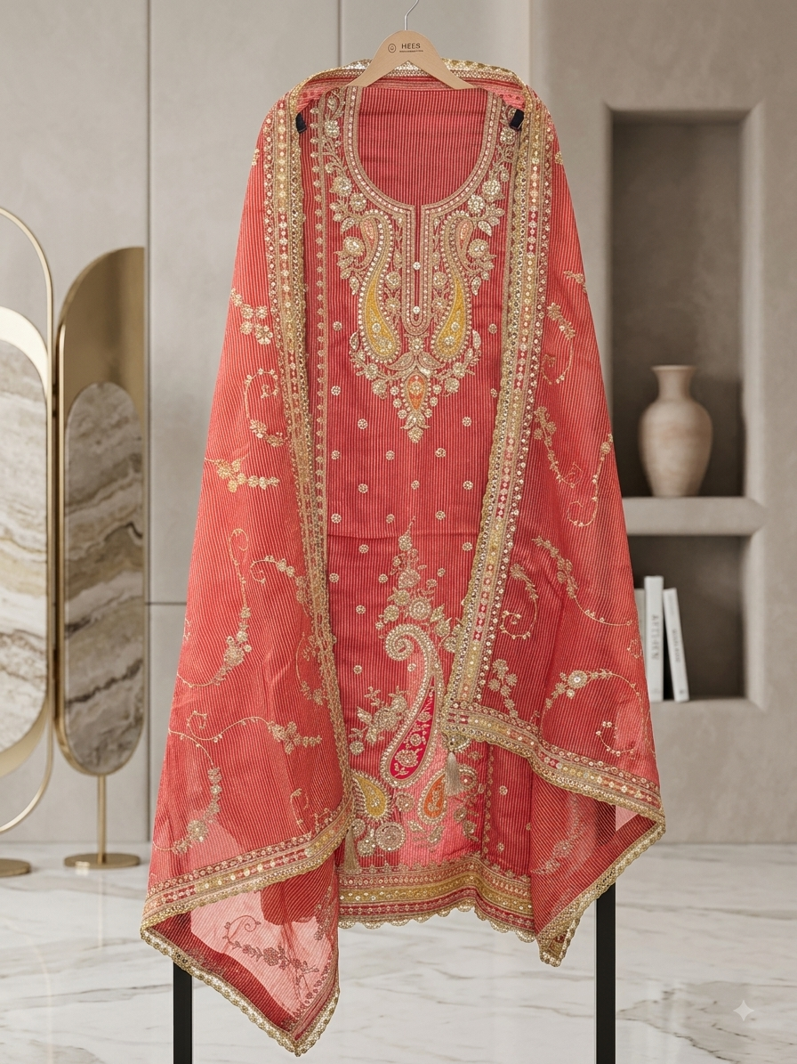 Premium Rose Pink Embroidered Unstitched Suit Set with Designer Dupatta #suit,q562351