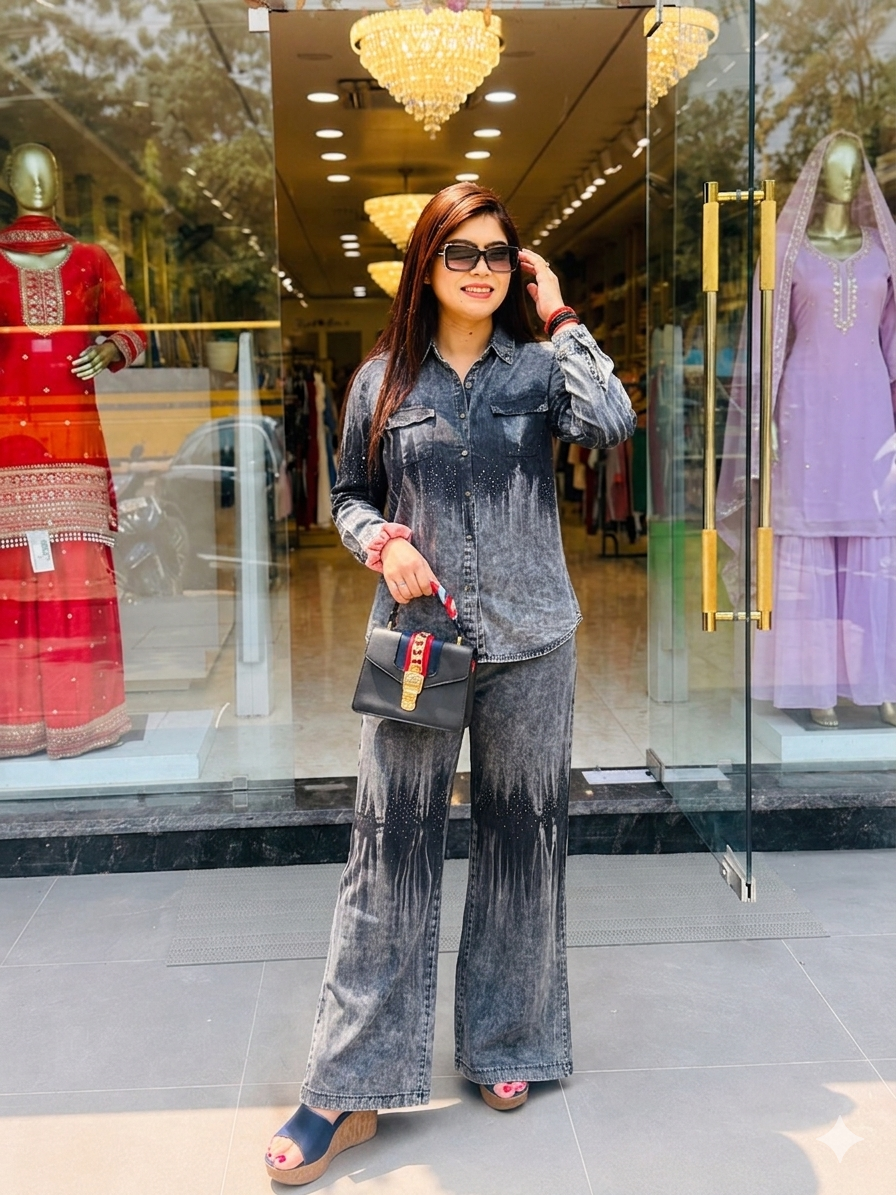 Q561473 Stylish Denim Co-ord Set with Ombre Wash Wide Leg Pants