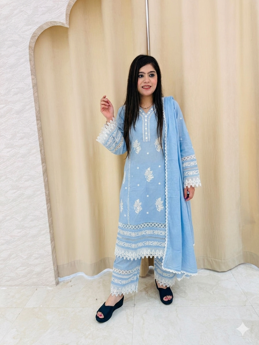 Q562786 Elegant Sky Blue Chikankari Embroidery Cotton Kurta Set with Lace Details