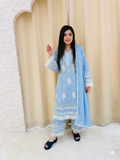 Q562786 Elegant Sky Blue Chikankari Embroidery Cotton Kurta Set with Lace Details
