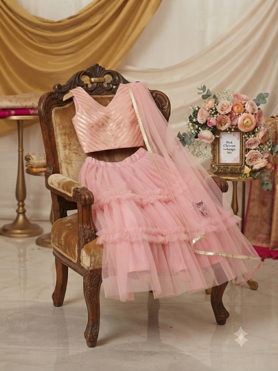 Exquisite Pink Chevron Sleeveless Choli and Tiered Tulle Lehenga Set q562954