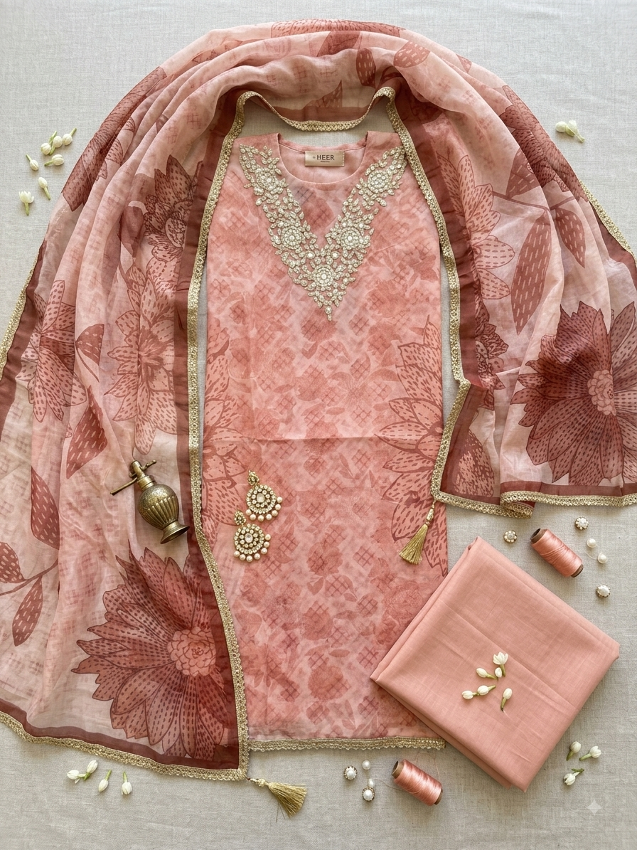 Premium Dusty Rose Pink Printed Unstitched Suit with Embroidered Neckline q561941
