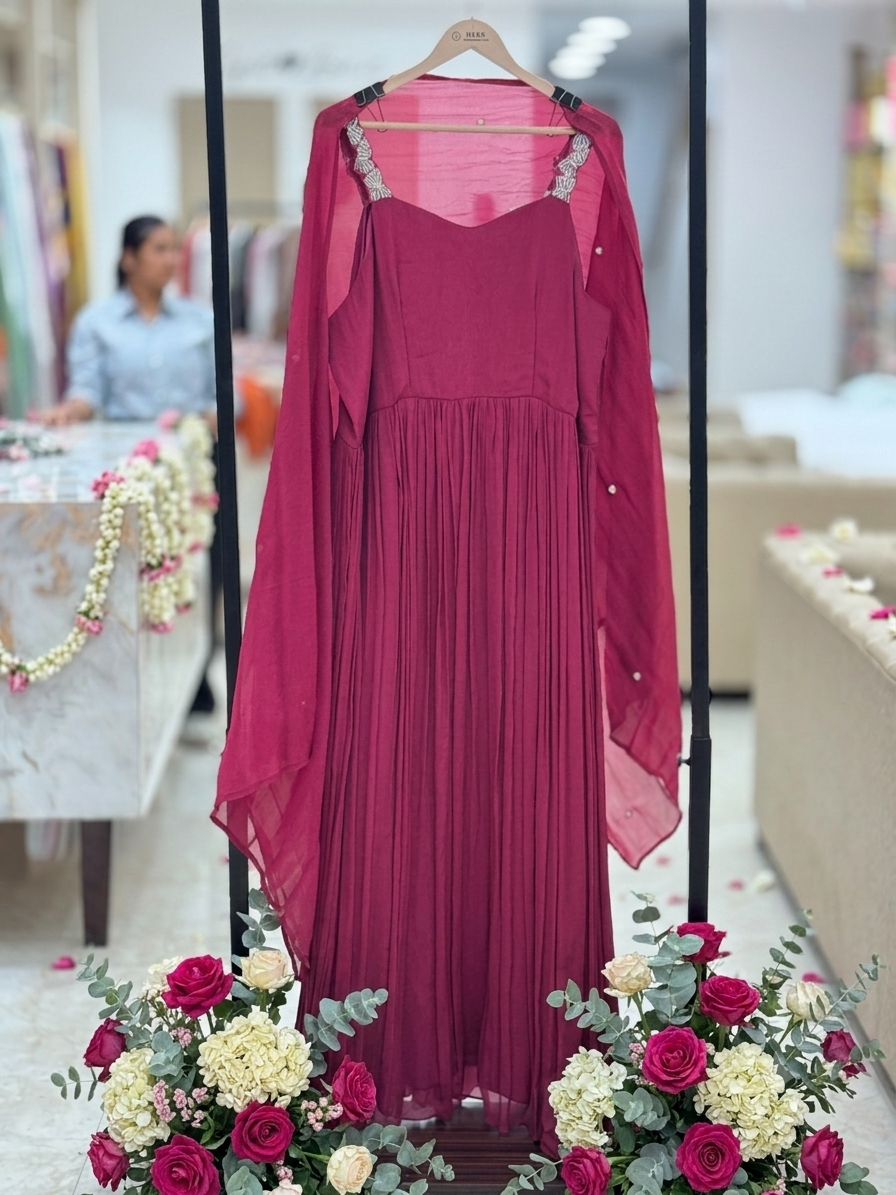 Designer wine  Pleated Evening Gown with Embellished Straps & Attached Sheer Cape q56606