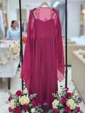 Designer wine  Pleated Evening Gown with Embellished Straps & Attached Sheer Cape q56606
