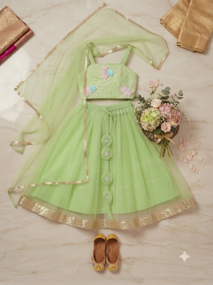 Exquisite Pistachio-Green Tulle Lehenga Choli with Hand-Embellished Floral Detail q562955