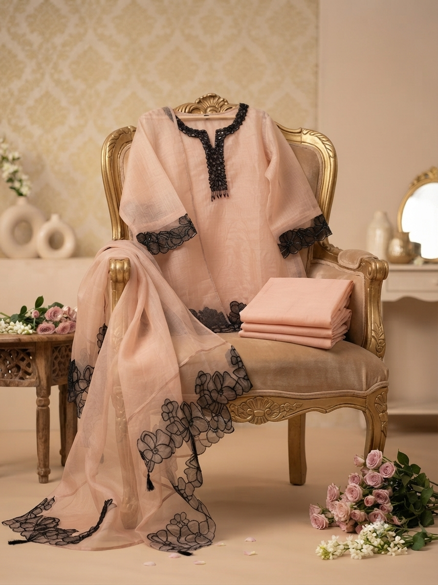 Elegant Dusty Peach Organza Tunic Set with Intricate Black Floral Applique border q562940