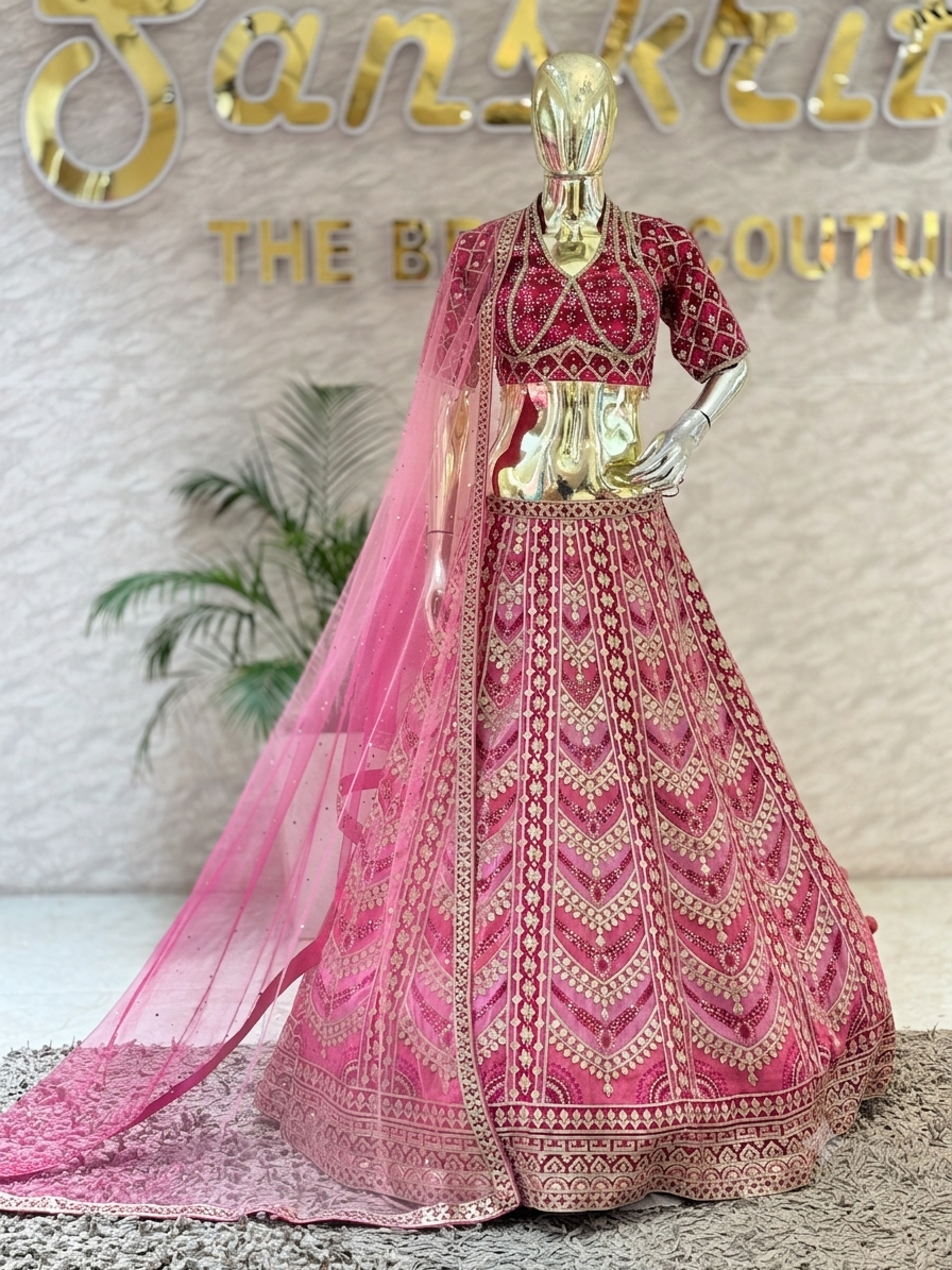 Magenta & Pink Ombre Sequined Silk Designer Bridal and non bridal Lehengha Set  q562262